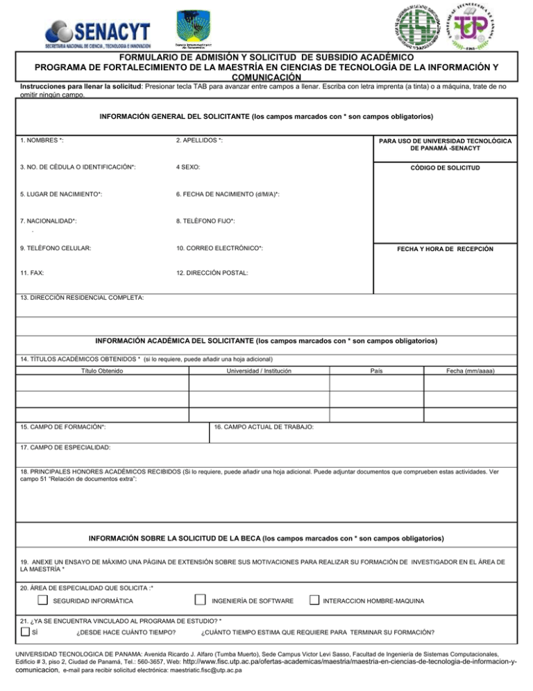 FORMULARIO DE ADMISIÓN Y SOLICITUD DE SUBSIDIO