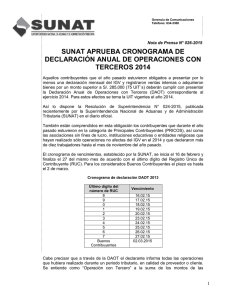 SUNAT APRUEBA CRONOGRAMA DE DECLARACIÓN ANUAL DE OPERACIONES CON TERCEROS 2014