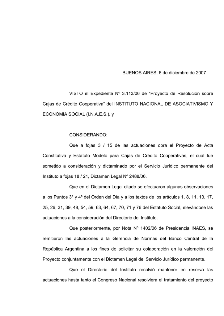 Resolución 3050-07 Acta constitutiva y Estatuto modelo para Cajas