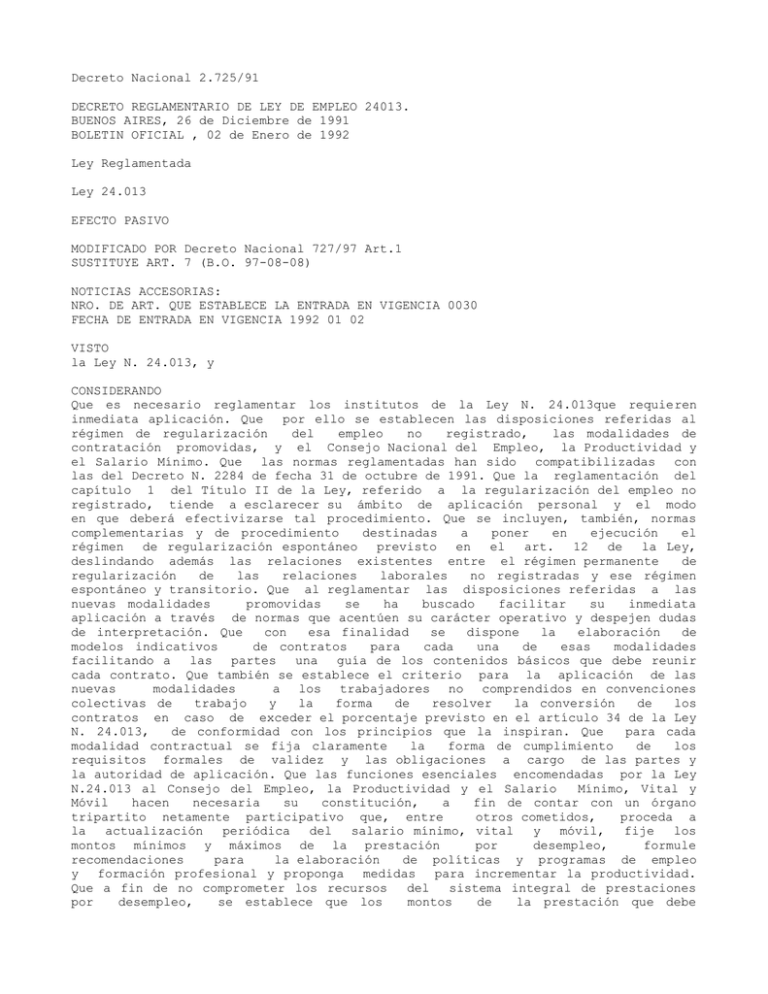 Decreto Nacional 2.725/91 DECRETO REGLAMENTARIO DE LEY DE EMPLEO 24013.