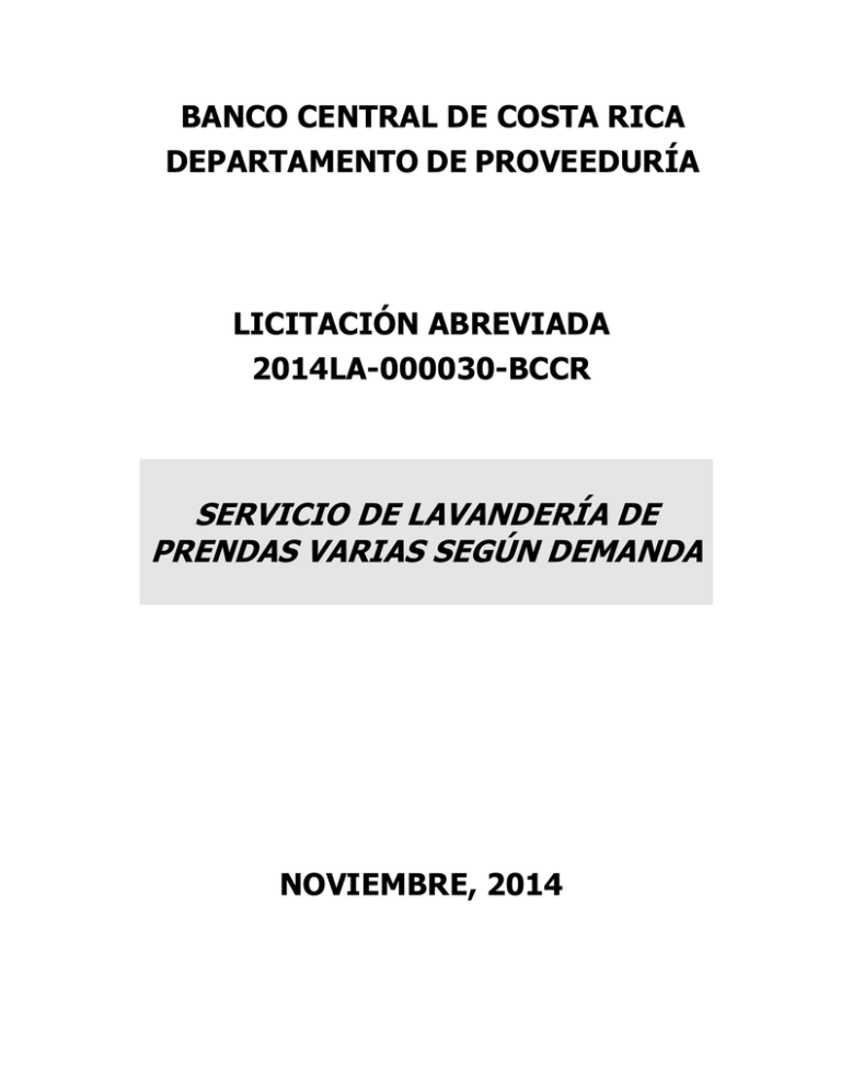 Cartel 2014LA-000030-BCCR Servicio De Lavandería