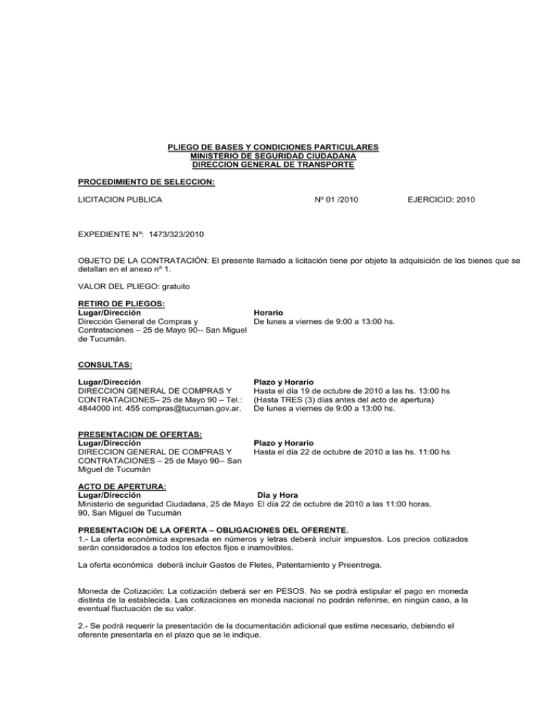 PLIEGO DE BASES Y CONDICIONES PARTICULARES MINISTERIO DE SEGURIDAD 