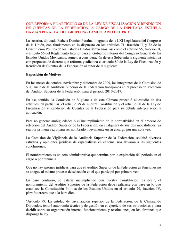 QUE REFORMA EL ARTÍCULO 80 DE LA LEY DE FISCALIZACIÓN