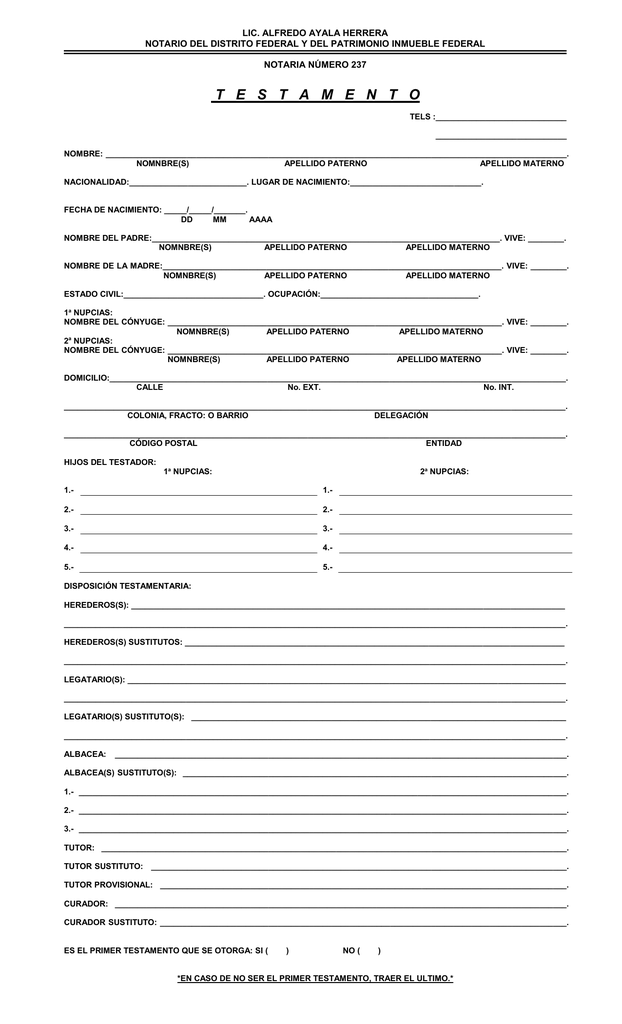 T E S T A M E N T O Notaría Pública No. 237 del Distrito Federal