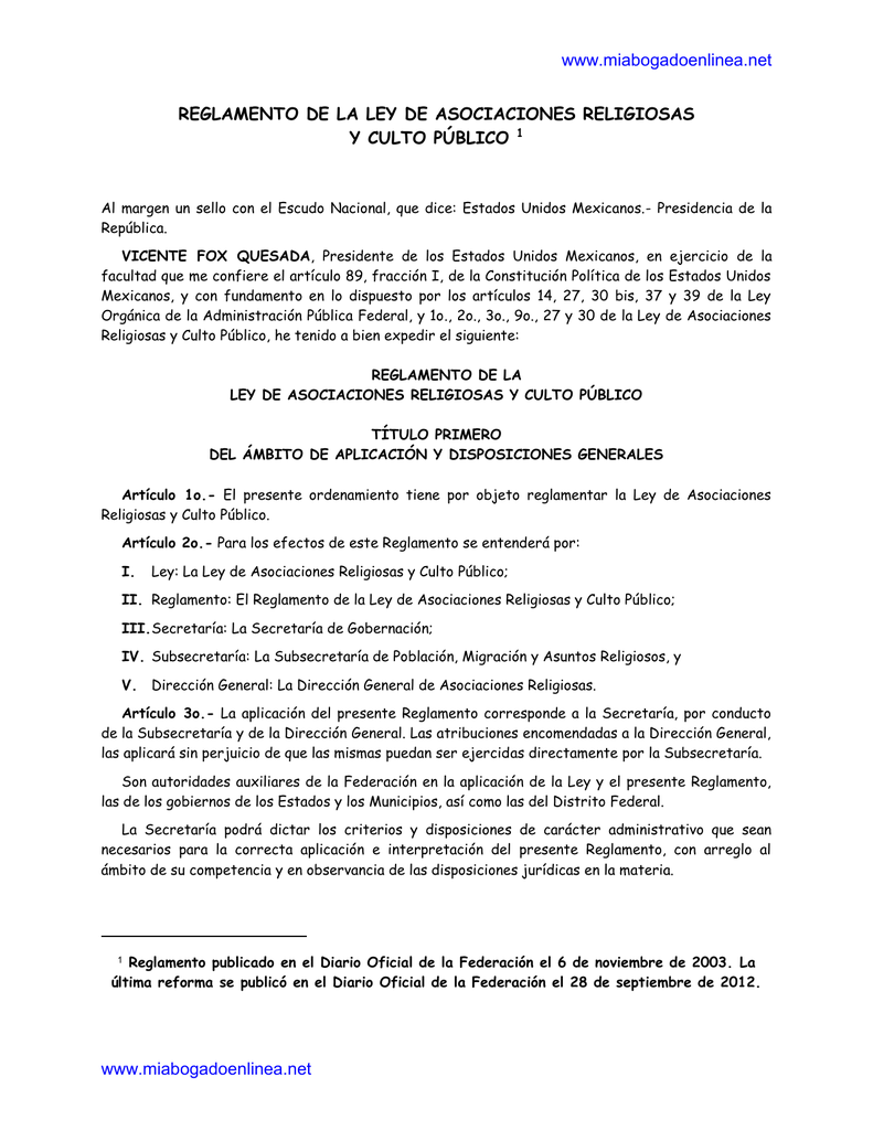 Reglamento De La Ley De Asociaciones Religiosas Y Culto Publico