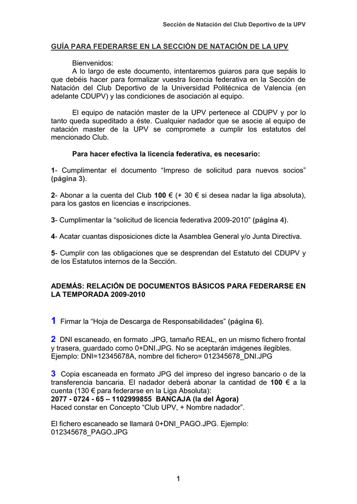 Guia Para Federarse En La Seccion De Natacion De La Upv