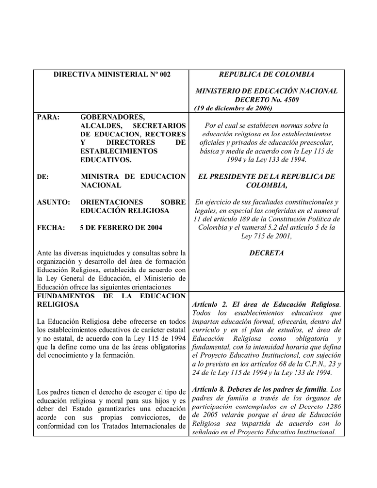 DIRECTIVA MINISTERIAL N° 002