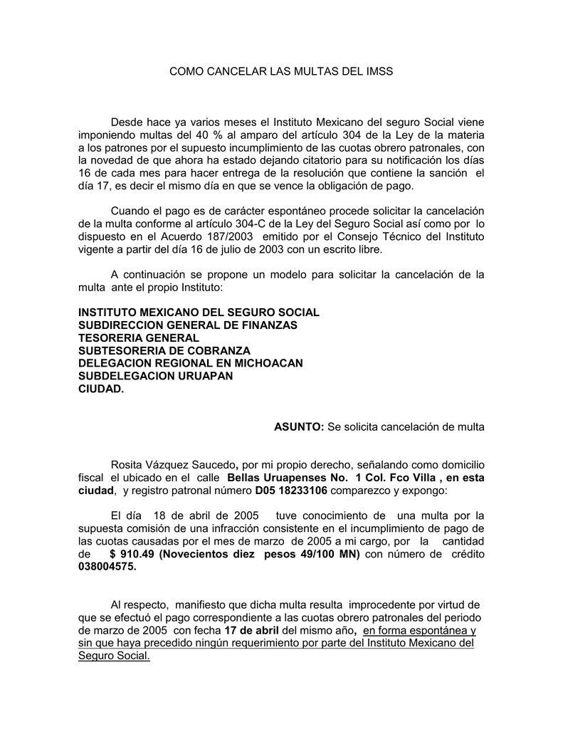 ASUNTO Se solicita cancelación de multa