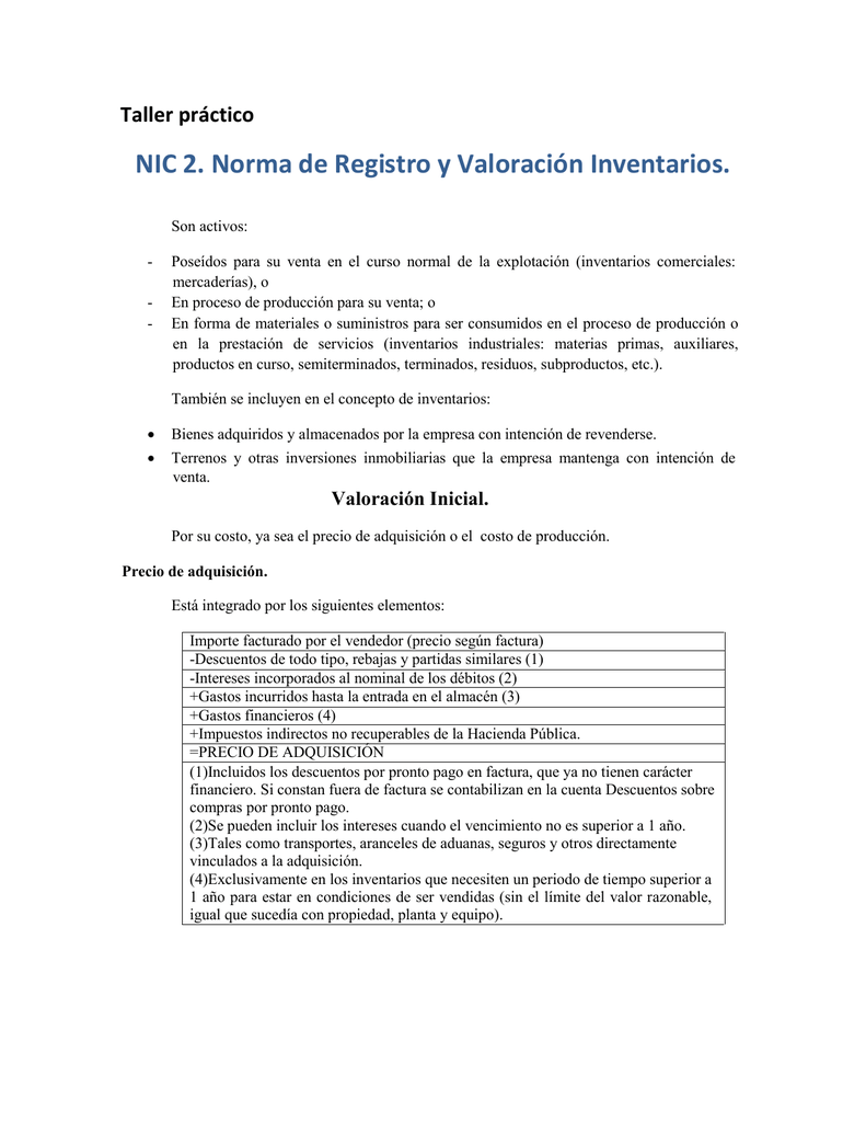 NIC 2. Norma de Registro y Valoración Inventarios. Taller práctico