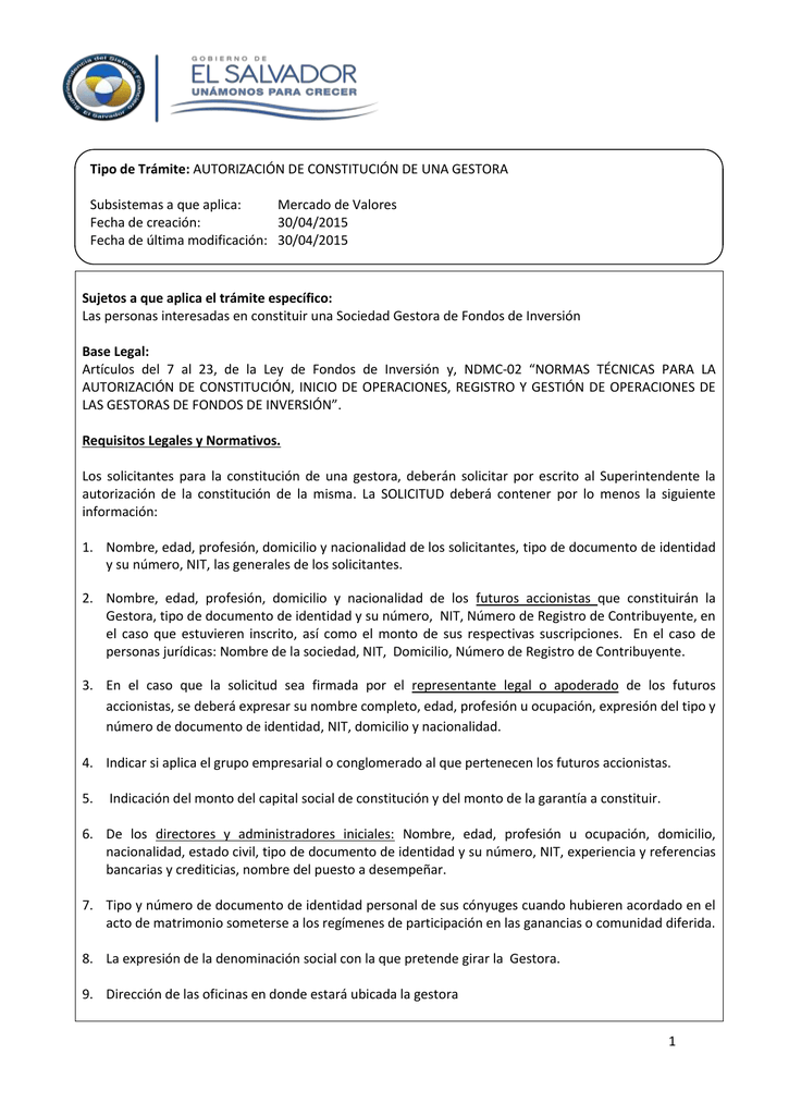 Autorización de constitución de Gestoras de Fondos de Inversión