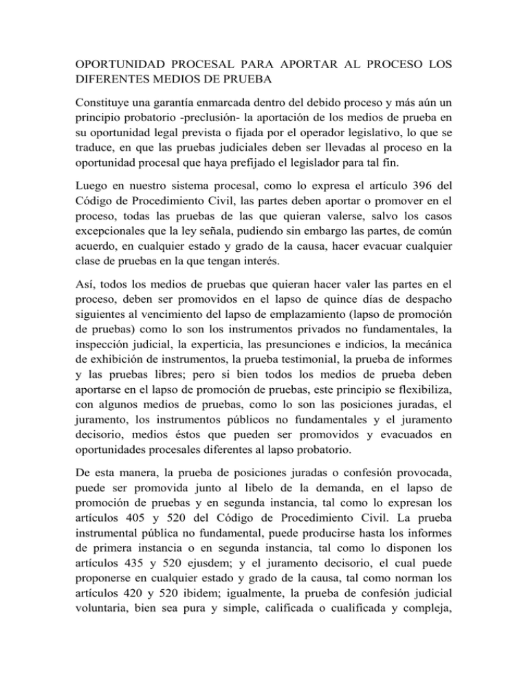 OPORTUNIDAD PROCESAL PARA APORTAR AL PROCESO LOS