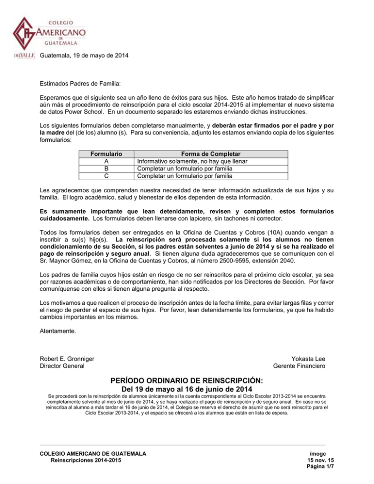 Información Y Formularios De Reinscripciones