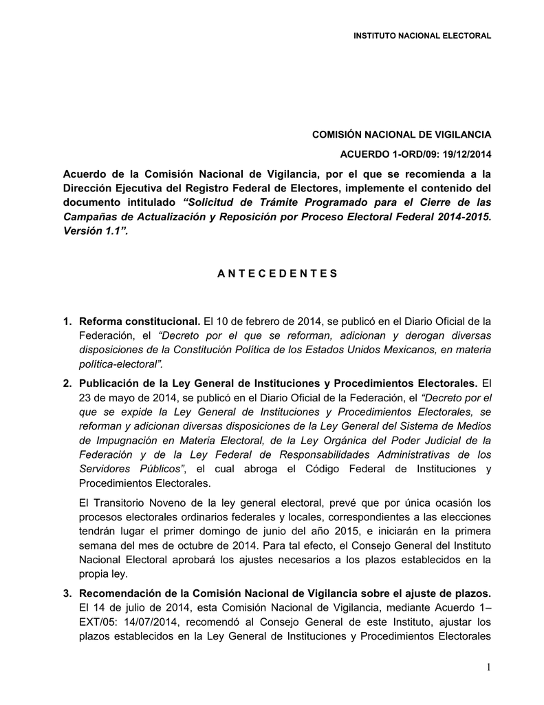 ACUERDO 1-ORD/09: 19/12/2014. - Instituto Nacional Electoral