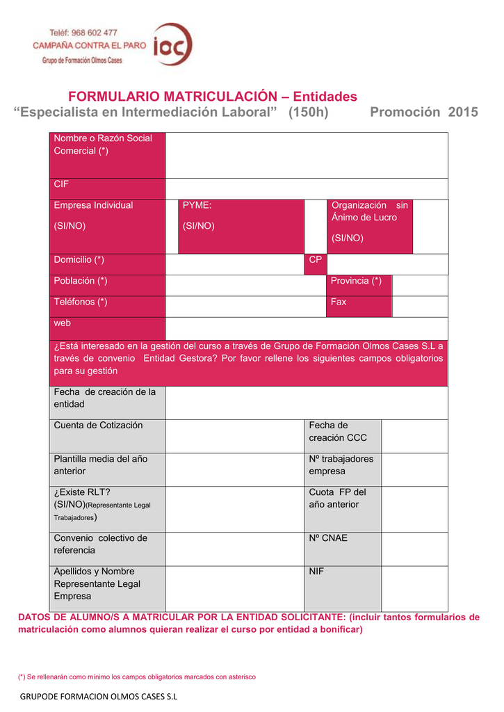Formulario Matriculacion Grupo De Formacion Olmos Cases