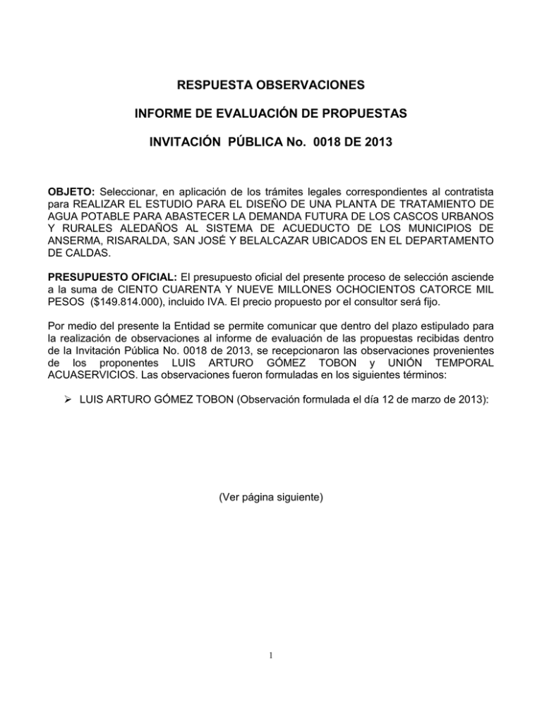 RESPUESTA OBSERVACIONES INFORME DE EVALUACIÓN DE PROPUESTAS