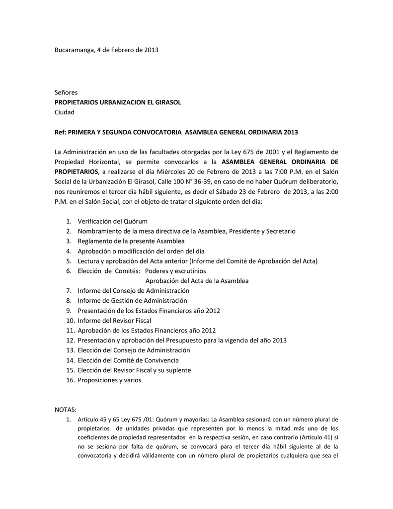 Segunda convocatoria asamblea ordinaria propiedad horizontal