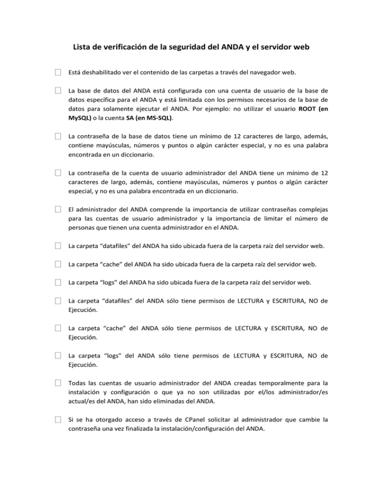 Lista De Verificaci n De La Seguridad Del ANDA Y El Servidor