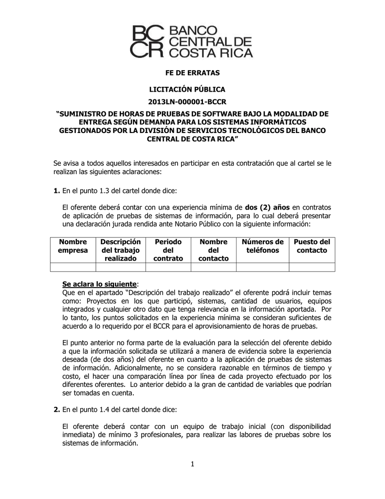 Fe de Erratas 2013LN000001BCCR Horas de Pruebas de