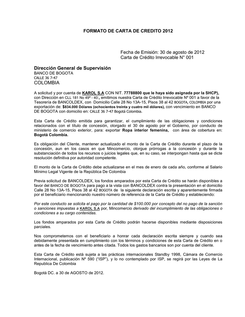 Formato Carta De Credito Irrevocable Santander - New Sample x