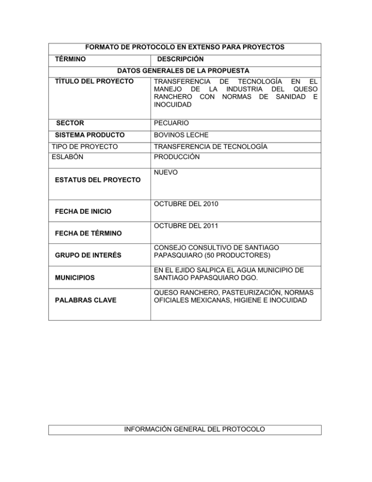 FORMATO DE PROTOCOLO EN EXTENSO PARA PROYECTOS TÉRMINO DESCRIPCIÓN