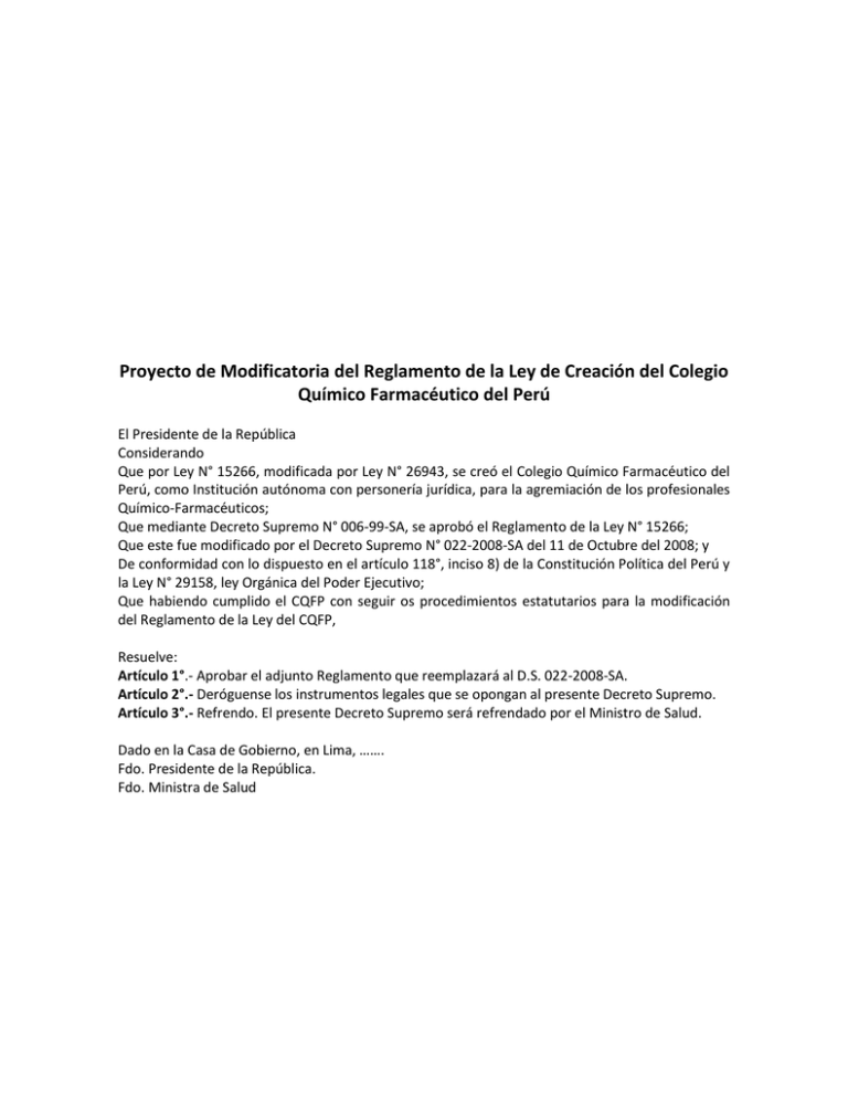 Propuesta De Modificatoria Del Reglamento De La Ley De Creación Del