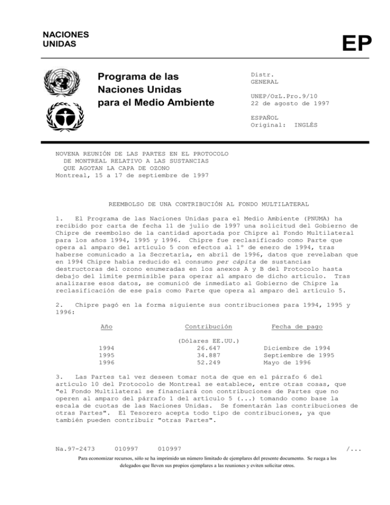 EP Programa de las Naciones Unidas para el Medio Ambiente