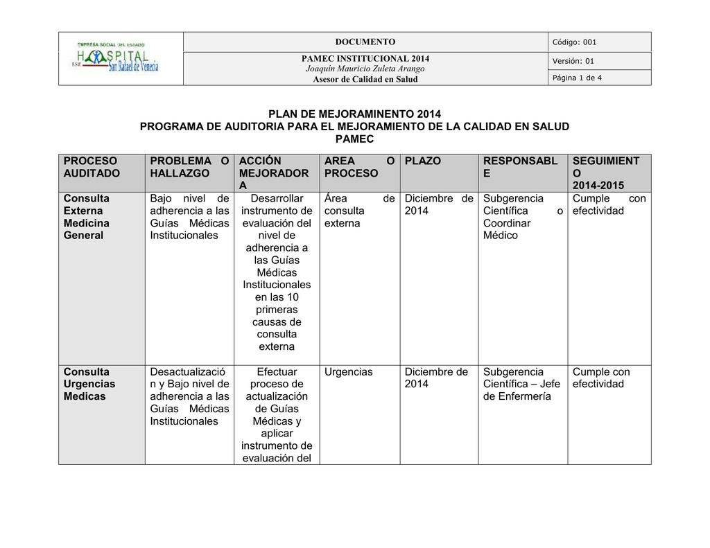 Ejemplos De Plan De Mejoramiento