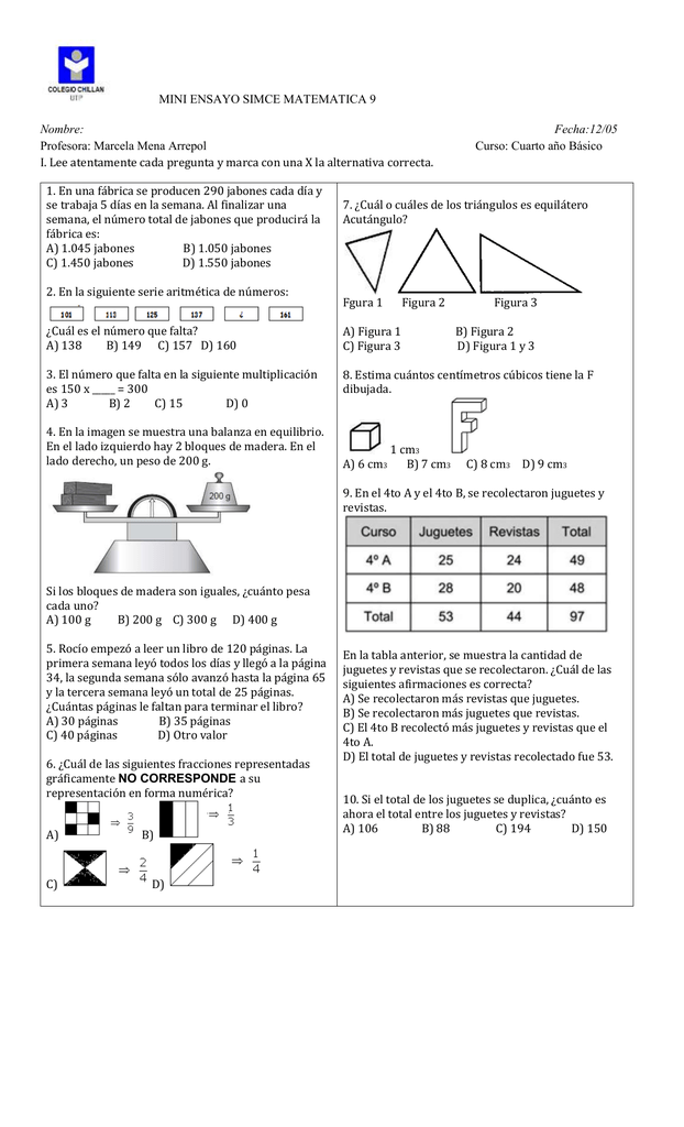 MINI ENSAYO SIMCE MATEMATICA 9 Profesora: Marcela Mena Arrepol