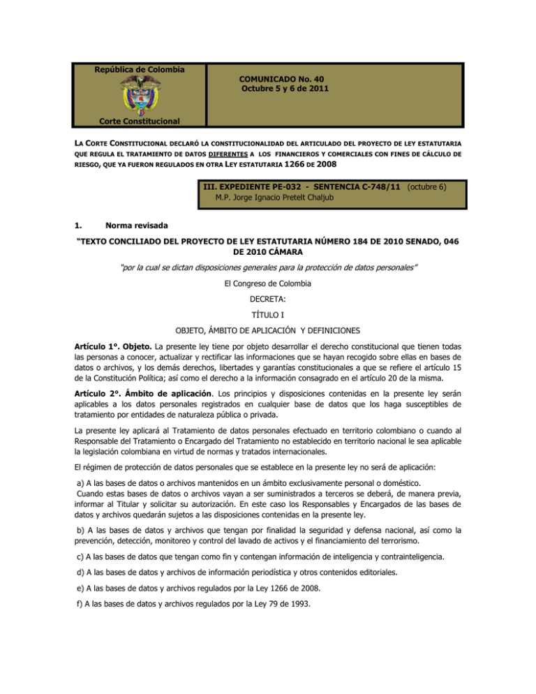 República De Colombia Corte Constitucional COMUNICADO No. 40