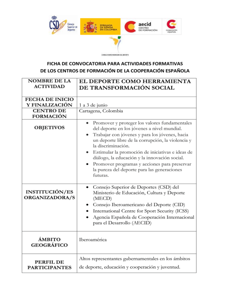 FICHA DE CONVOCATORIA PARA ACTIVIDADES FORMATIVAS