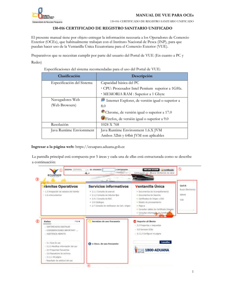 MANUAL DE VUE PARA OCEs 130 016 CERTIFICADO DE REGISTRO SANITARIO UNIFICADO