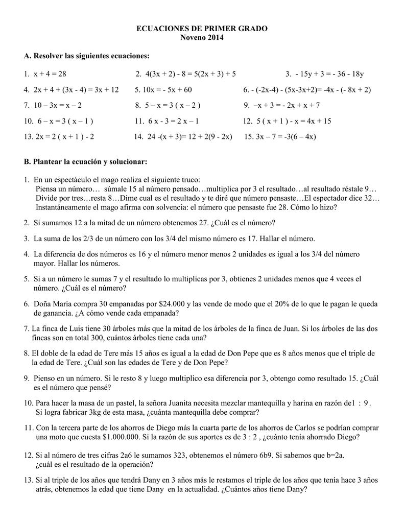 Ecuaciones De Primer Grado Noveno 14 A Resolver Las Siguientes Ecuaciones