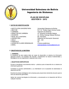 Universidad Salesiana de Bolivia Ingeniería de Sistemas PLAN DE DISCIPLINA