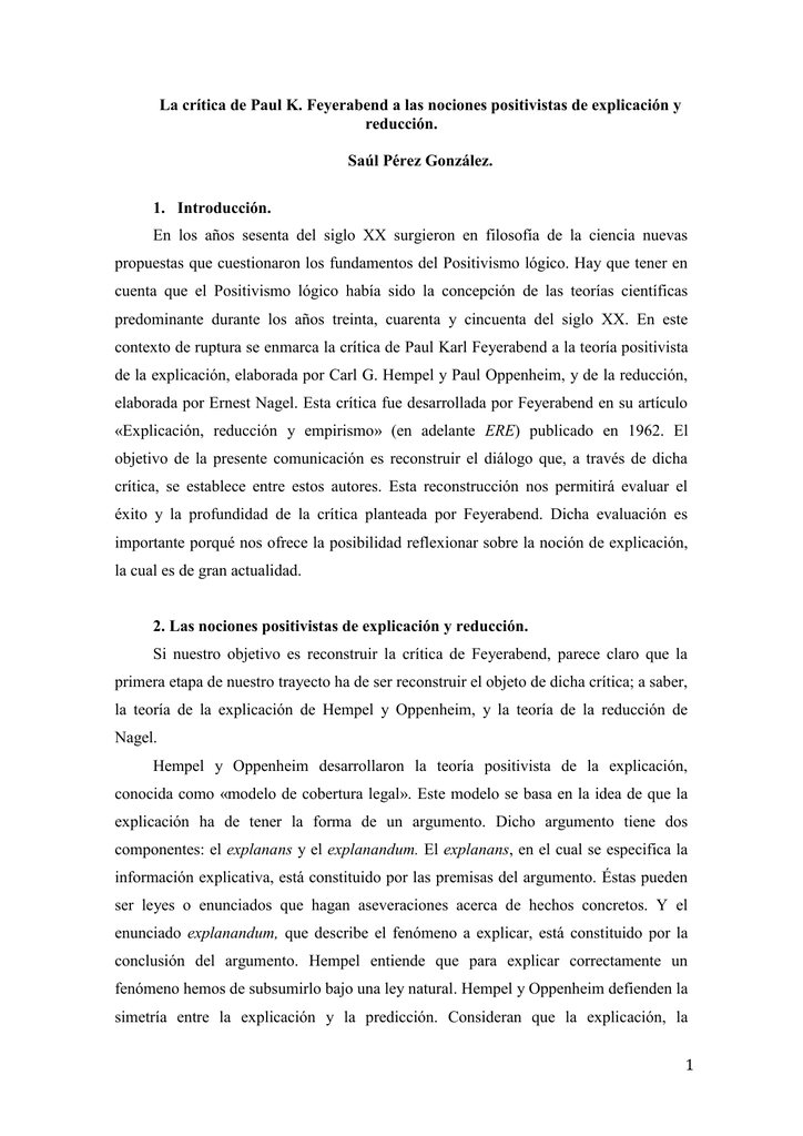 La Crítica De Paul K. Feyerabend A Las Nociones Positivistas ...