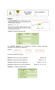Guía  Lenguaje Algebraico Depto.: MATEMÁTICA