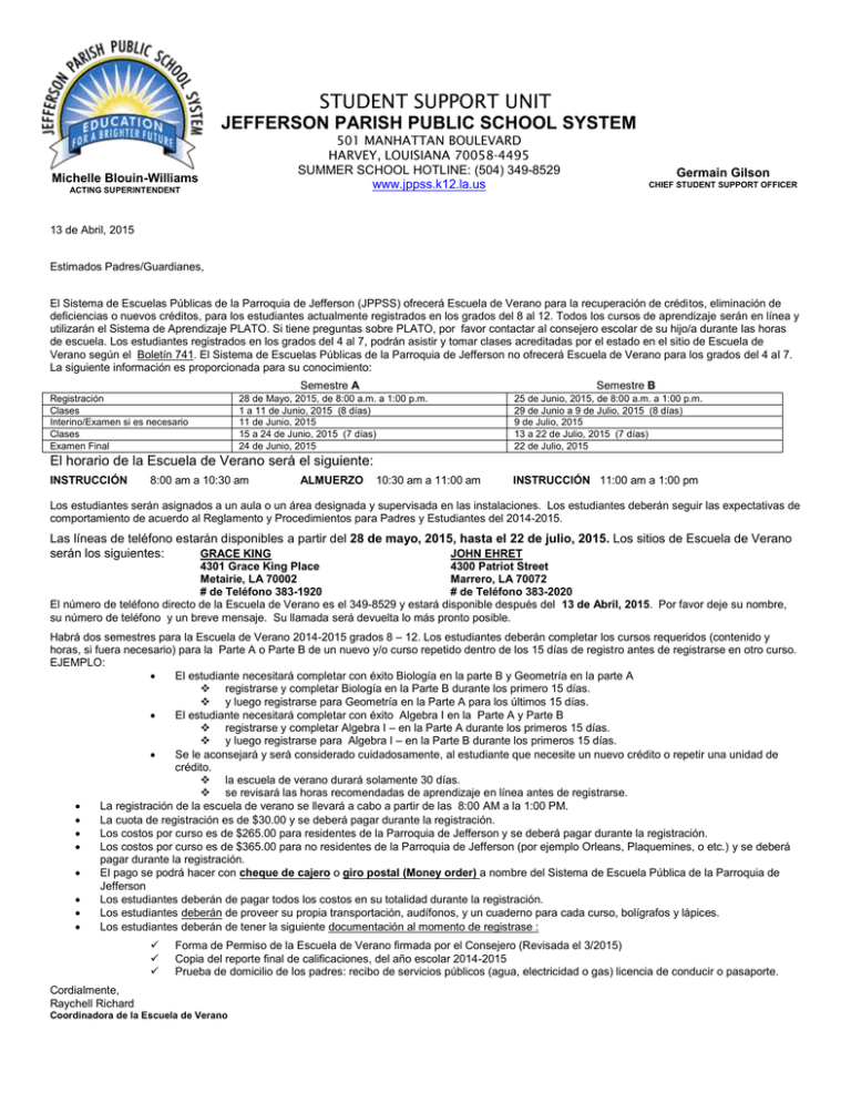 Title1 Letter Head Jefferson Parish Public School System