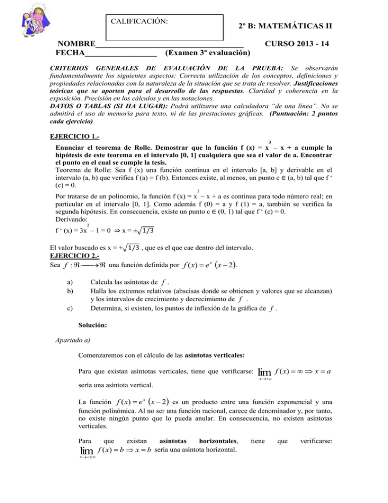 Examen Corregido 3ª Evaluación Matemáticas II