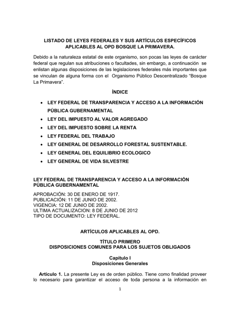 LISTADO DE LEYES FEDERALES Y SUS ARTÍCULOS