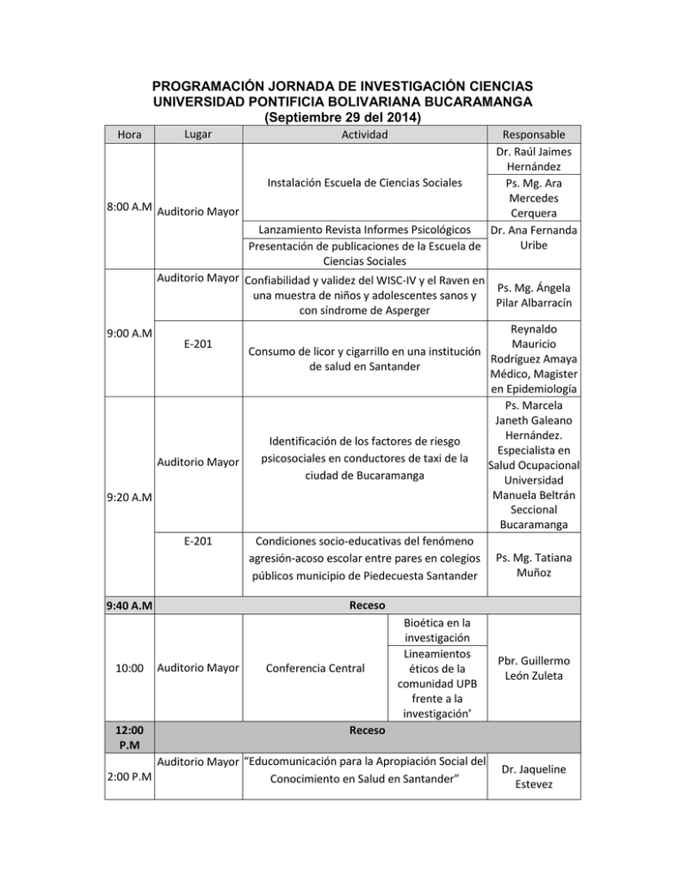 PROGRAMACIÓN JORNADA DE INVESTIGACIÓN CIENCIAS