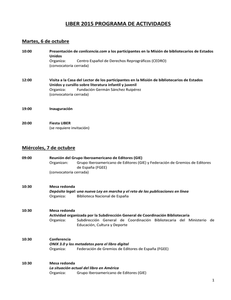 Programa De Actividades LIBER 2015