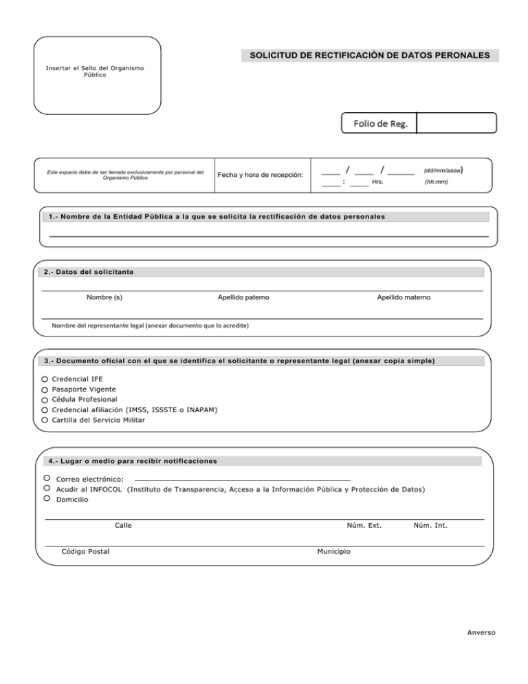 Formato De Solicitud De Rectificación A Datos Personales