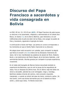 Discurso a sacerdotes y la vida consagrada en Bolivia
