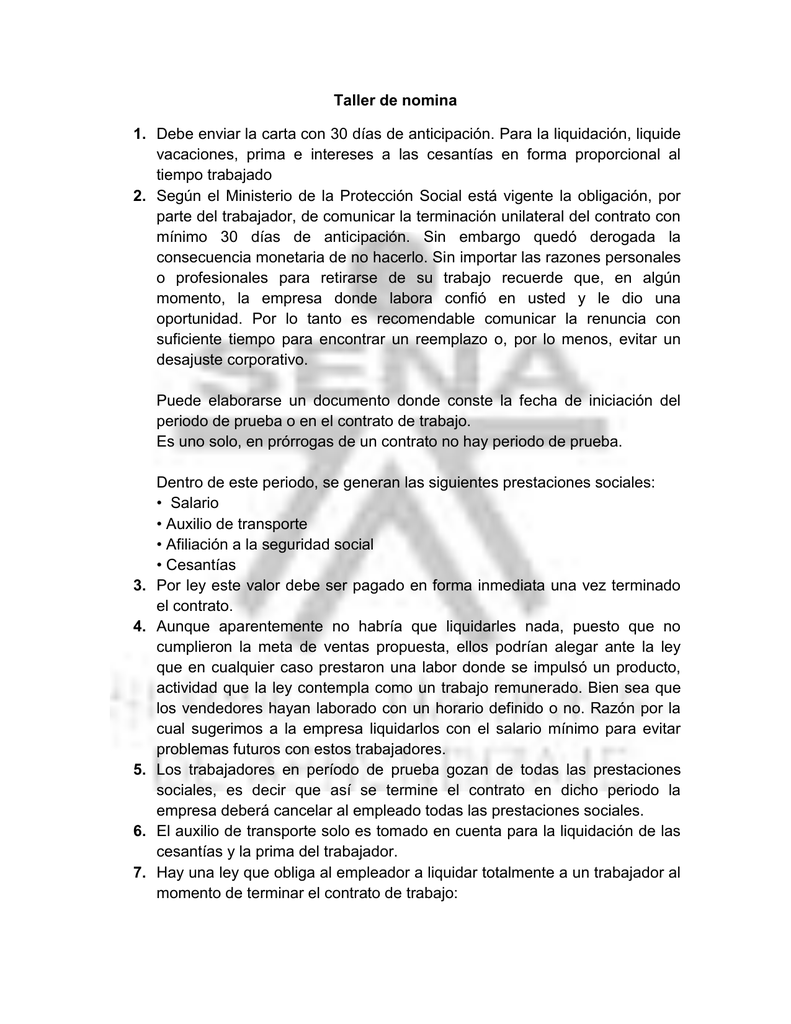 Taller de nomina Debe enviar la carta con 30 días de 