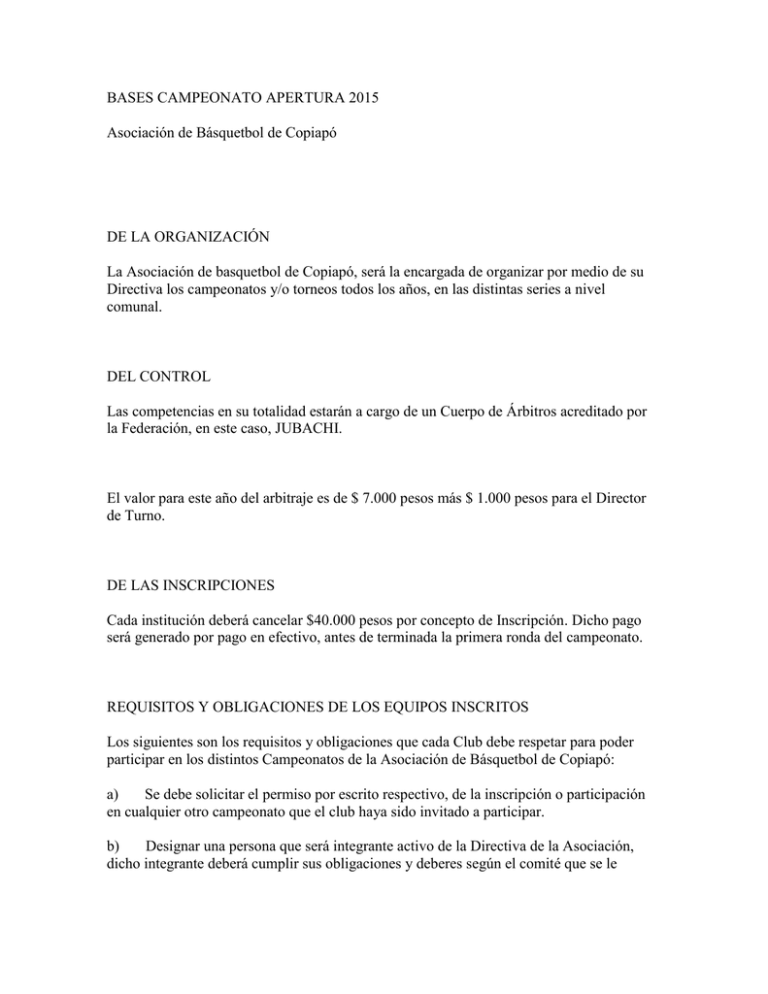 BASES CAMPEONATO APERTURA 2015 Asociación de