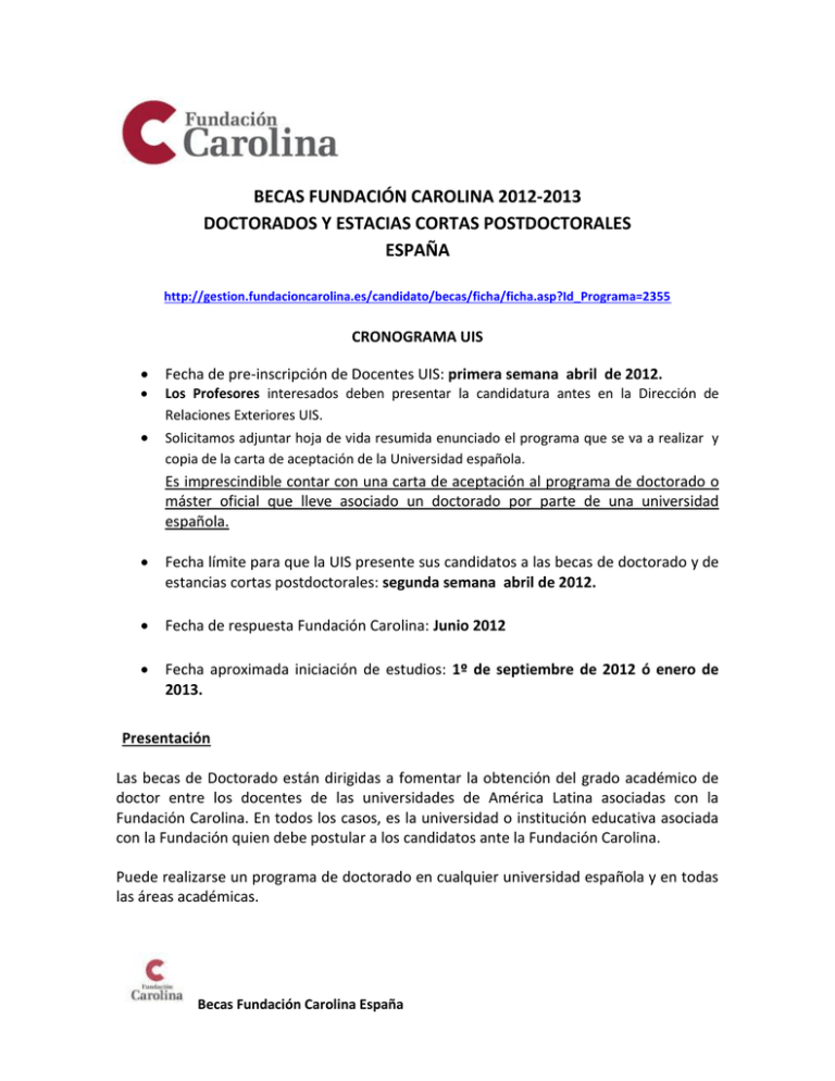 Becas Fundaci n Carolina 2012 2013 Doctorados Y Estacias Cortas