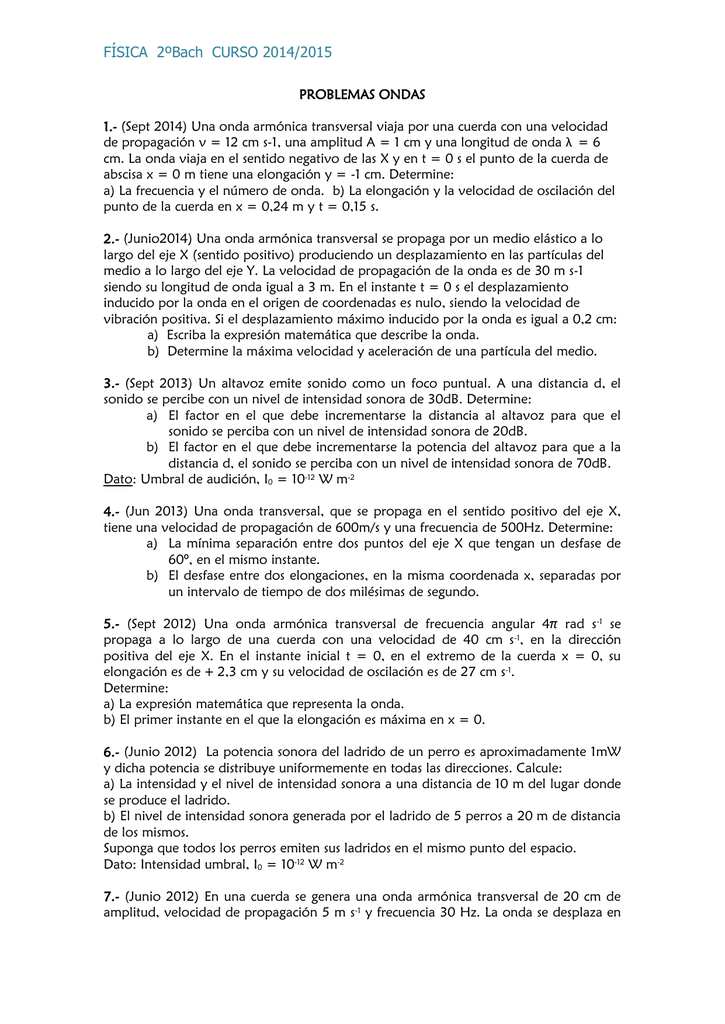 FÍSICA 2ºBach CURSO 2014/2015 PROBLEMAS ONDAS 1.