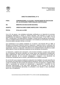 DIRECTIVA MINISTERIAL No. 14 ORIENTACIONES DE INSPECCION Y VIGILANCIA