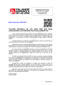 Falange Española de las JONS pide que sean ilegalizados los partidos políticos corruptos. Nota de prensa 15/07/2013. (PDF)