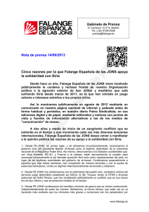 Cinco razones por las que Falange Española de las JONS apoya la solidaridad con Siria. 14/06/2013. (PDF)