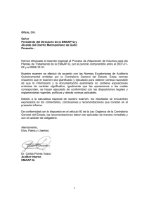 EXAMEN ESPECIAL AL PROCESO DE ADQUISICIÓN DE INSUMOS PARA LAS PLANTAS DE TRATAMIENTO DE LA EMAAP-Q (13-10-2009)
